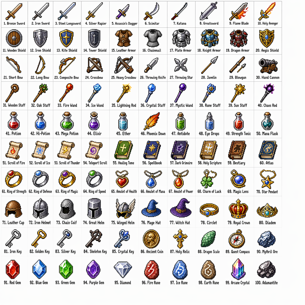 10 by 10 grid of 100 fantasy RPG pixel art items with labels, SNES/GBA style on white, GPT Image 2