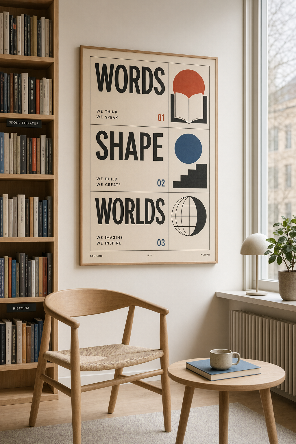 Scandinavian library corner, Bauhaus poster reading WORDS SHAPE WORLDS, editorial photo, GPT Image 2