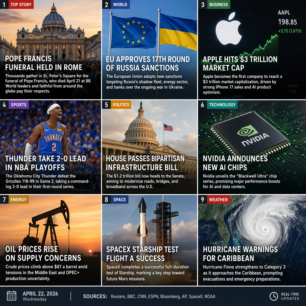 3x3 news moodboard grid, April 22 2026, modern news aesthetic, GPT Image 2