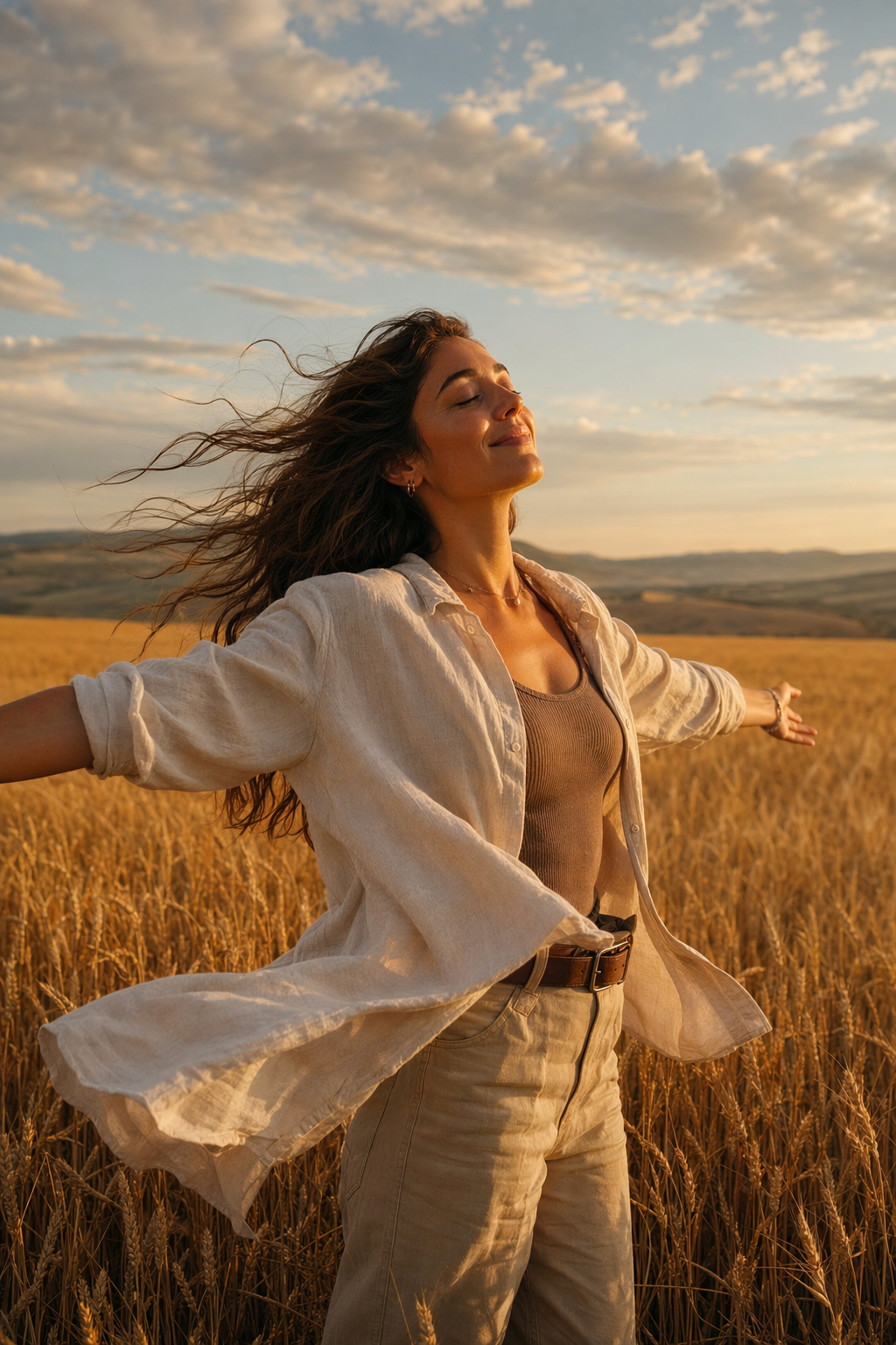 Cinematic wheat field portrait, arms outstretched, eyes closed, golden light, peaceful, GPT Image 2