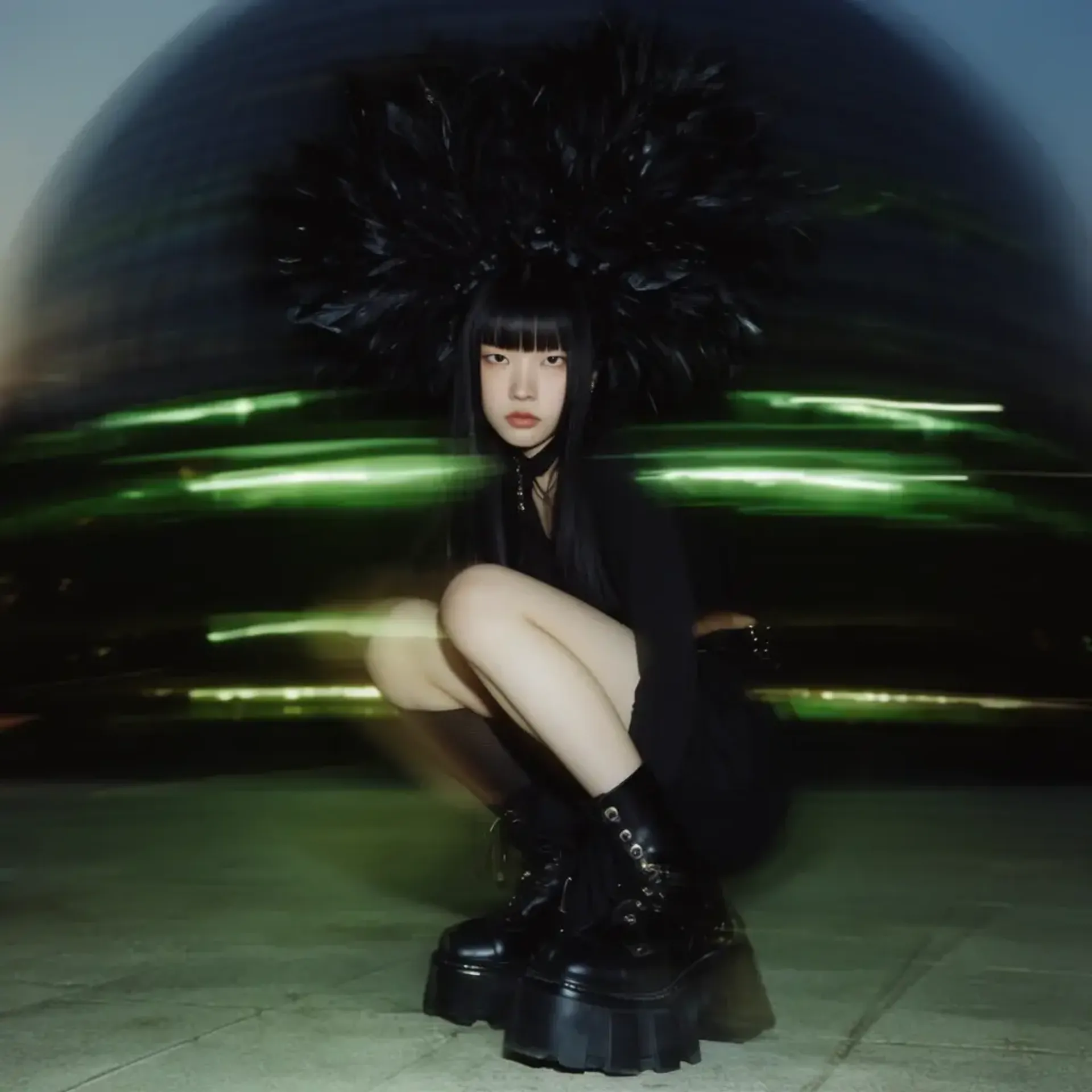 Avant-garde fashion photography with feathered headpiece — Krea 2