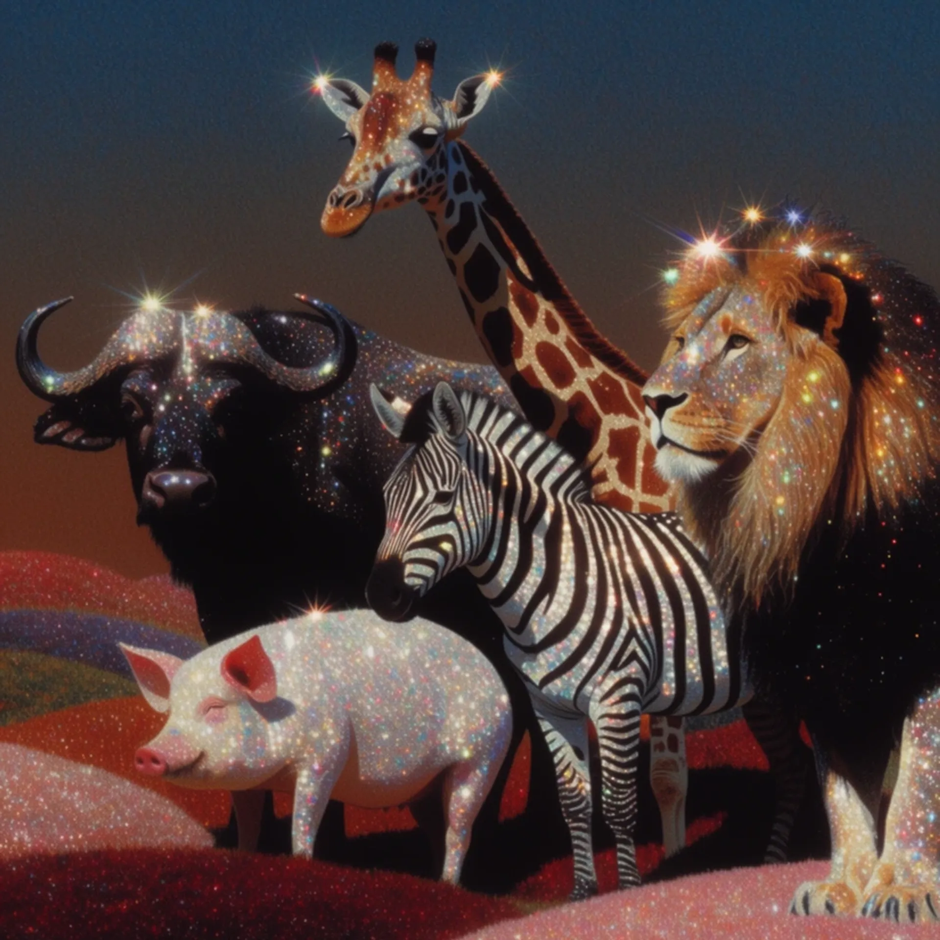 Surreal glitter-textured wildlife scene — Krea 2