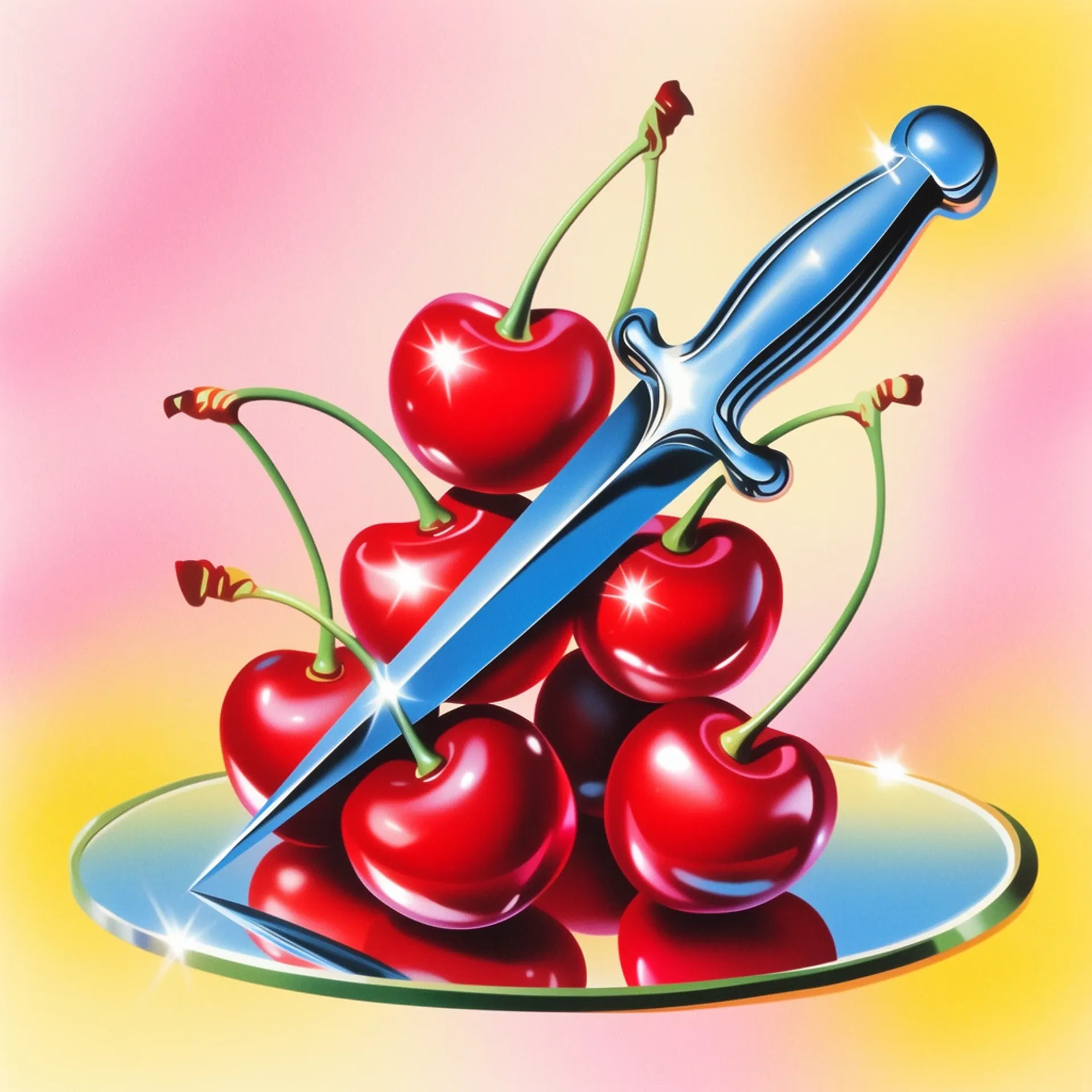 Retro pop-surrealist illustration with dagger and cherries — Krea 2