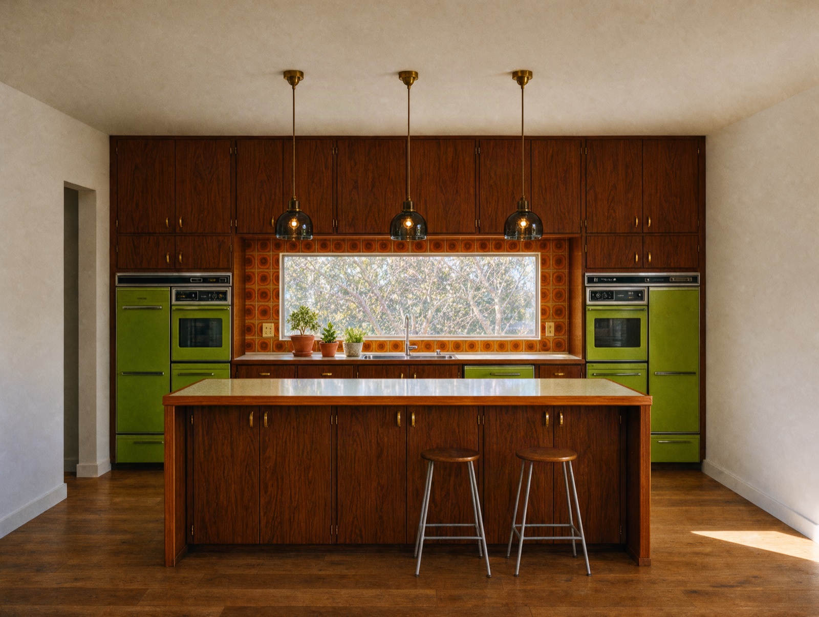 The same kitchen restyled as a 1974 kitchen with avocado green appliances and dark wood, edited with Krea 3