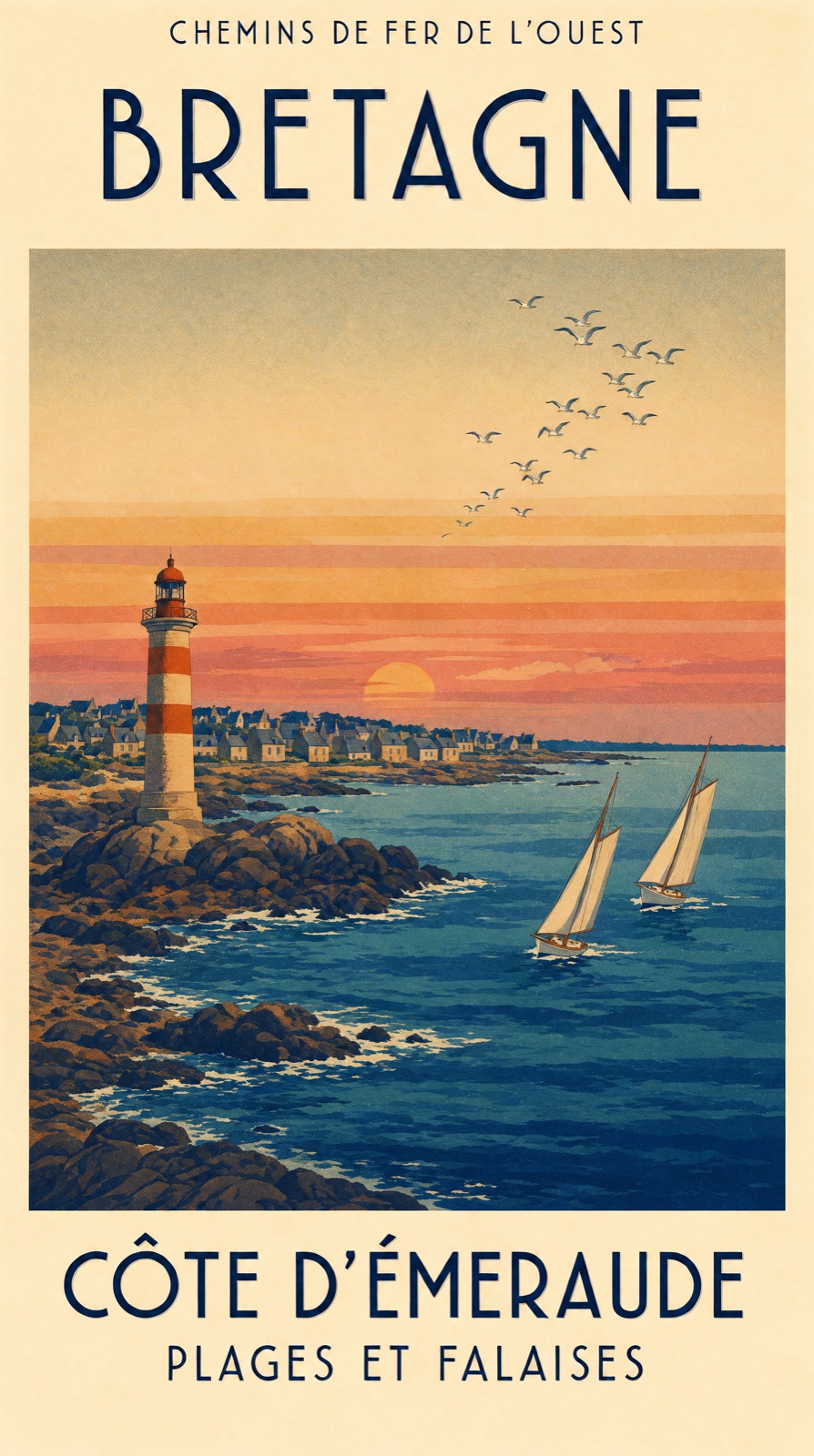 Vintage screen-print travel poster of a Brittany lighthouse with the word BRETAGNE, Krea 3