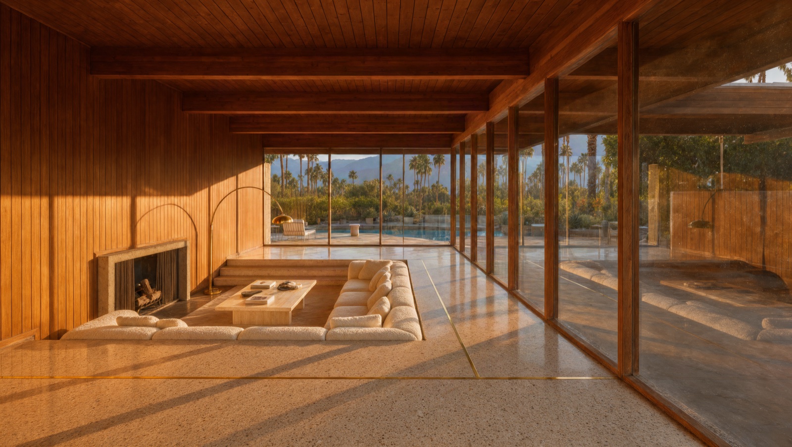 Mid-century modern living room with walnut paneling and a conversation pit at golden hour, Krea 3