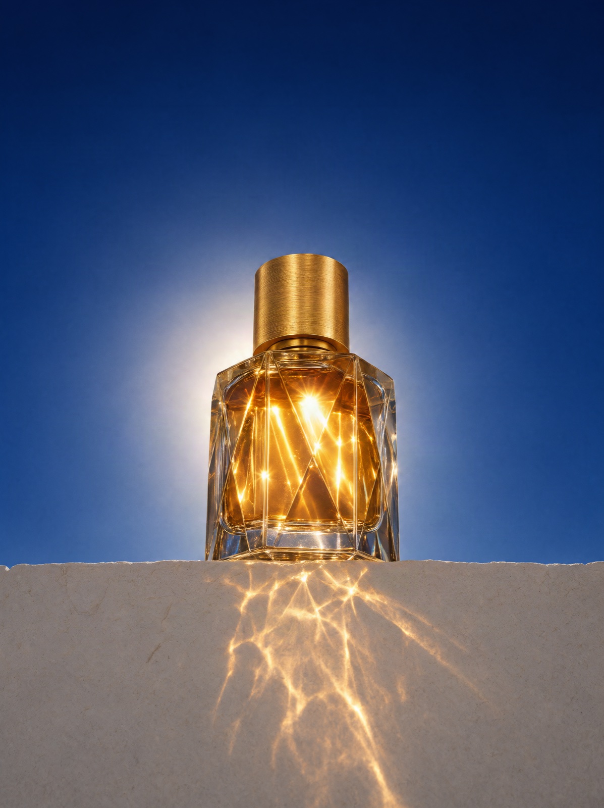 Faceted perfume bottle with a gold cap on a plaster plinth against a cobalt sky, backlit by the sun, Krea 3