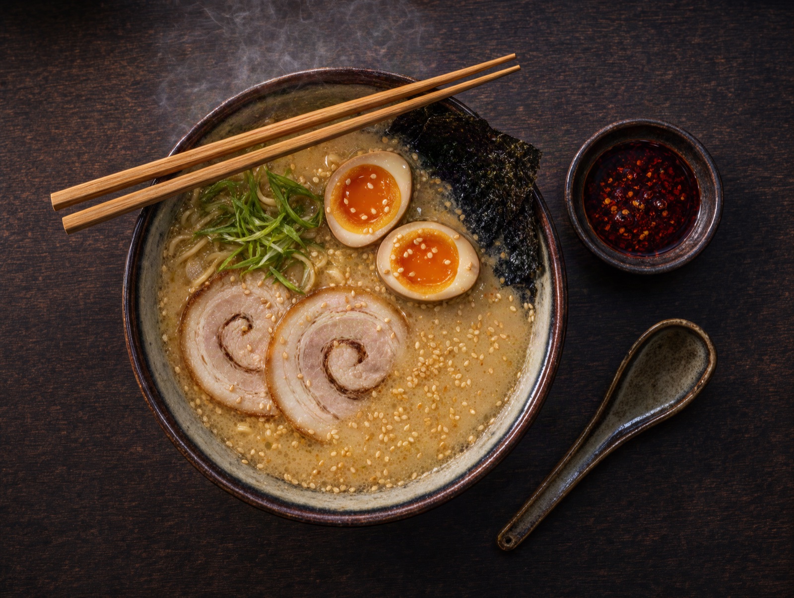 Overhead photo of a bowl of tonkotsu ramen with chashu, soft-boiled egg and chopsticks, Krea 3
