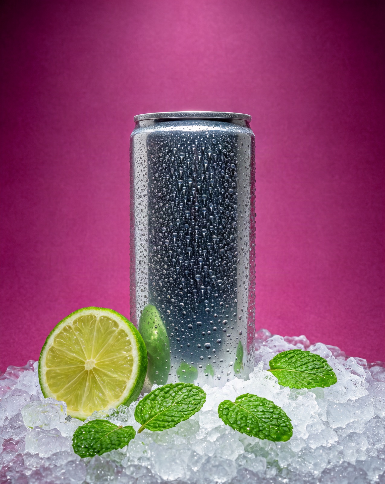 Soda can with condensation in crushed ice with lime and mint on a magenta backdrop, Krea 3