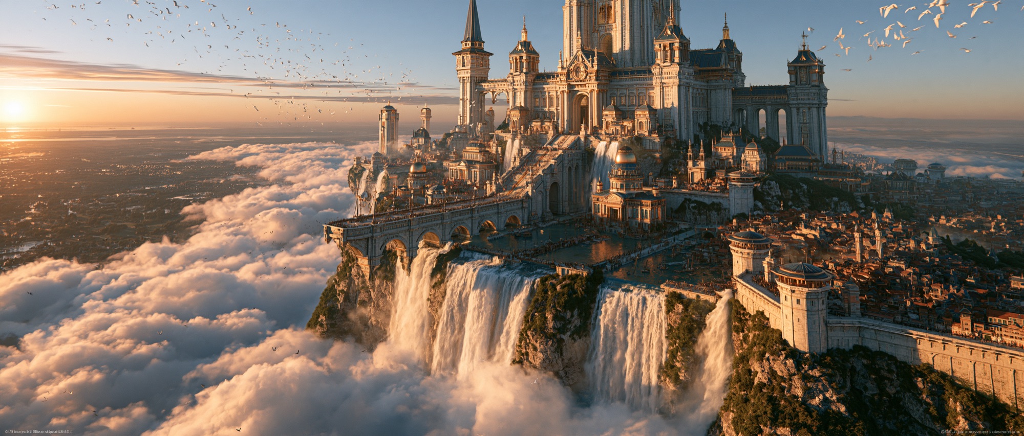 Ancient citadel floating above a sea of clouds at golden hour with waterfalls, Midjourney V8
