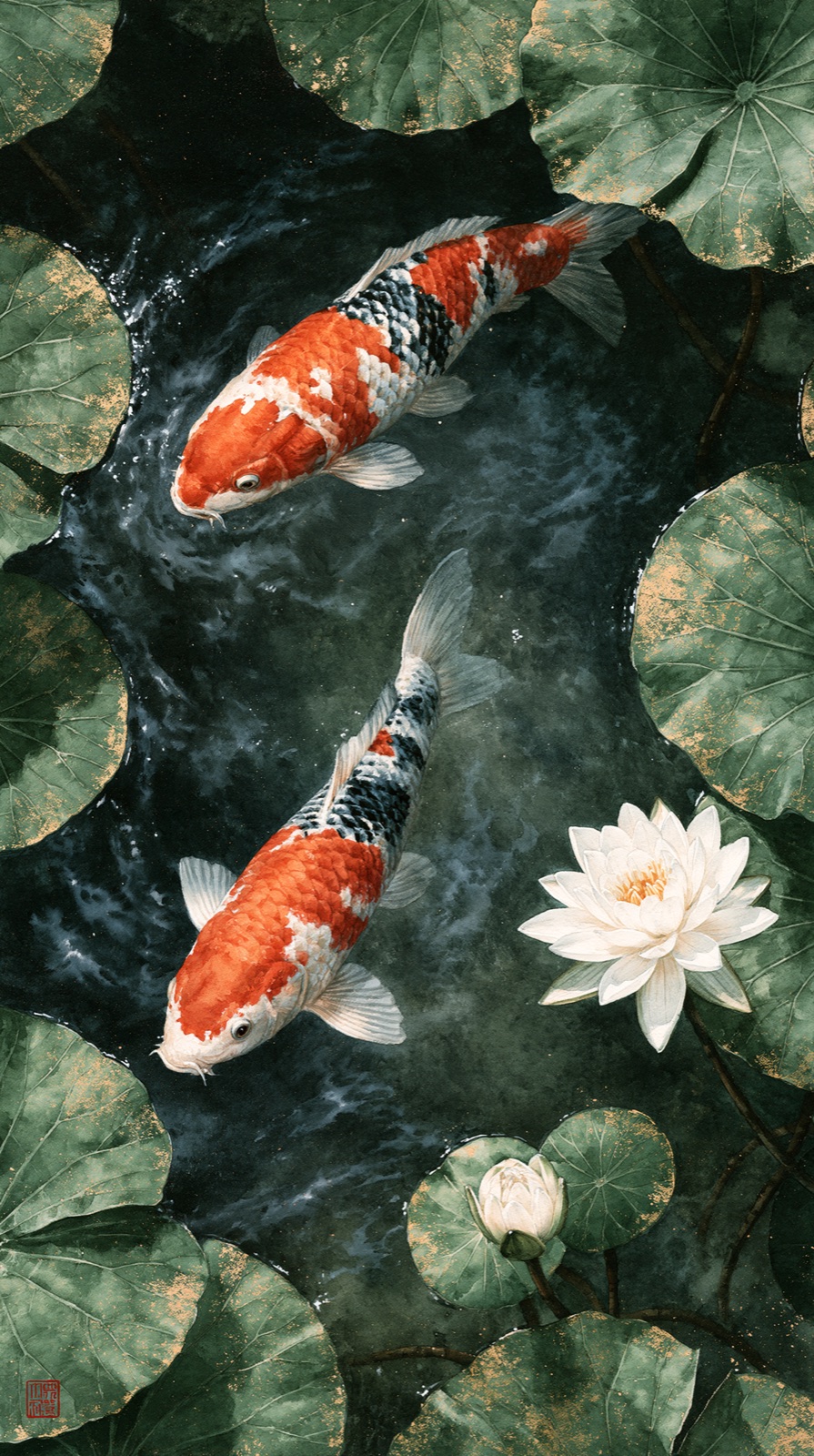 Two koi fish among lotus leaves in Japanese watercolor and ink wash, Midjourney V8