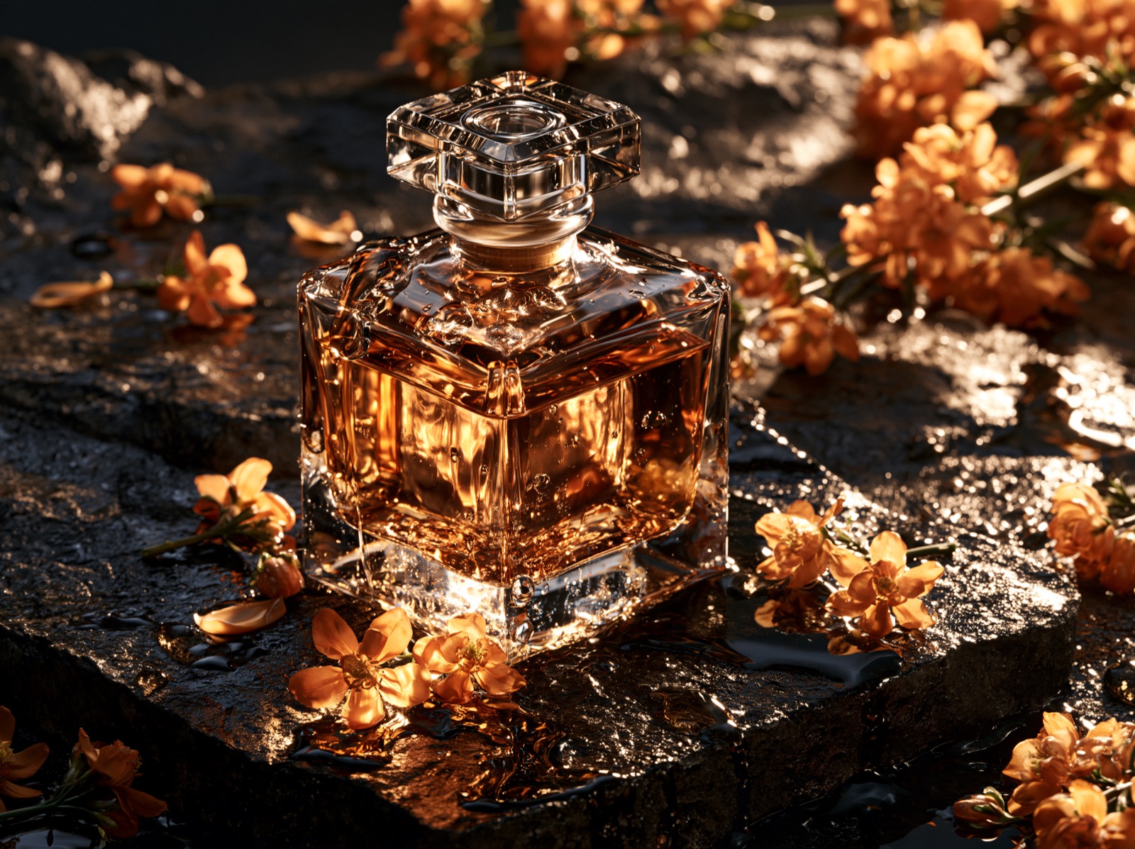 Amber perfume bottle on wet black stone with orange blossoms and rim lighting, Midjourney V8
