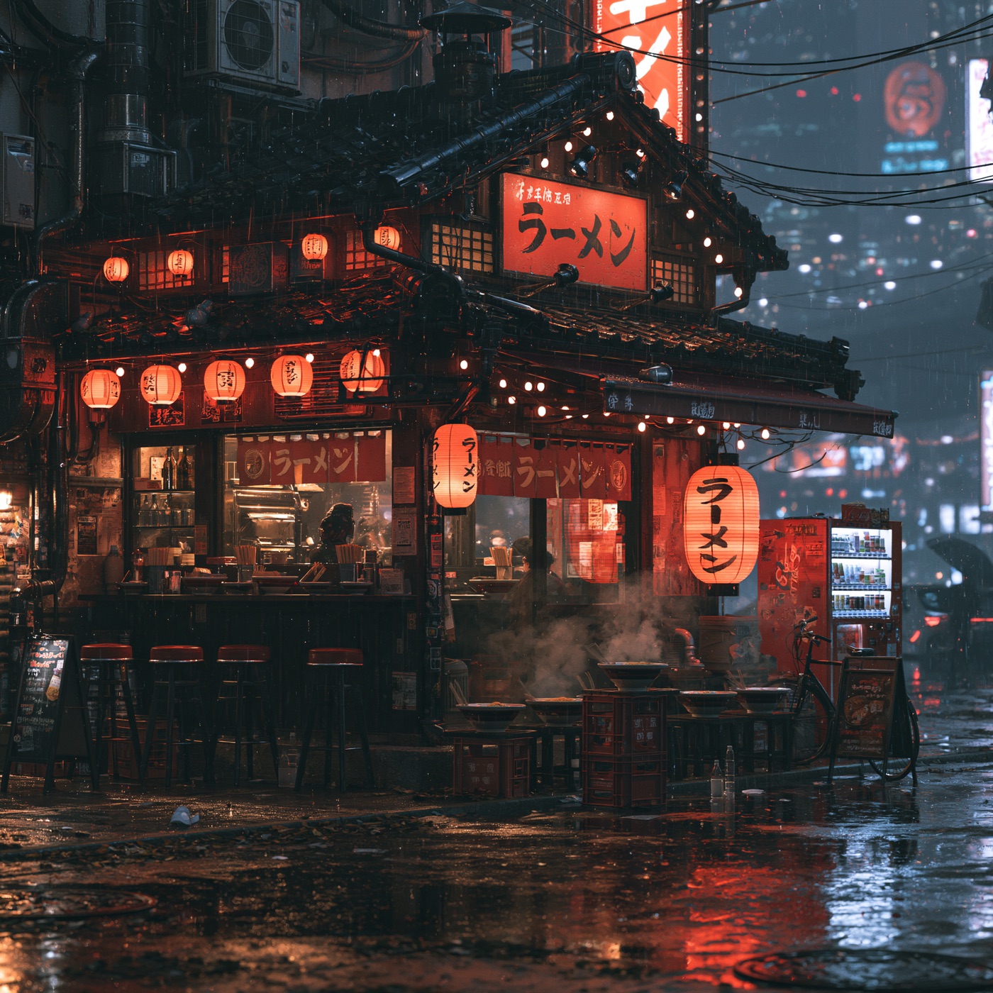 Japanese ramen shop at night in the rain with glowing lanterns and neon reflections, Midjourney V8