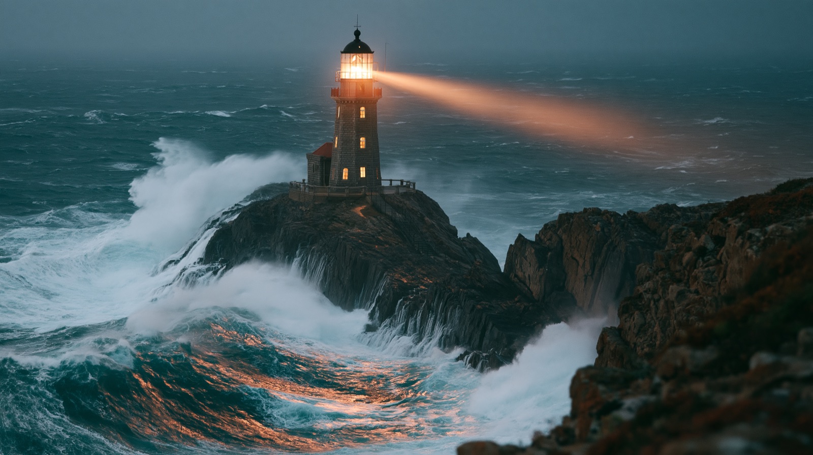 Lighthouse on a sea cliff in a violent storm with its beam cutting through fog, Midjourney V8