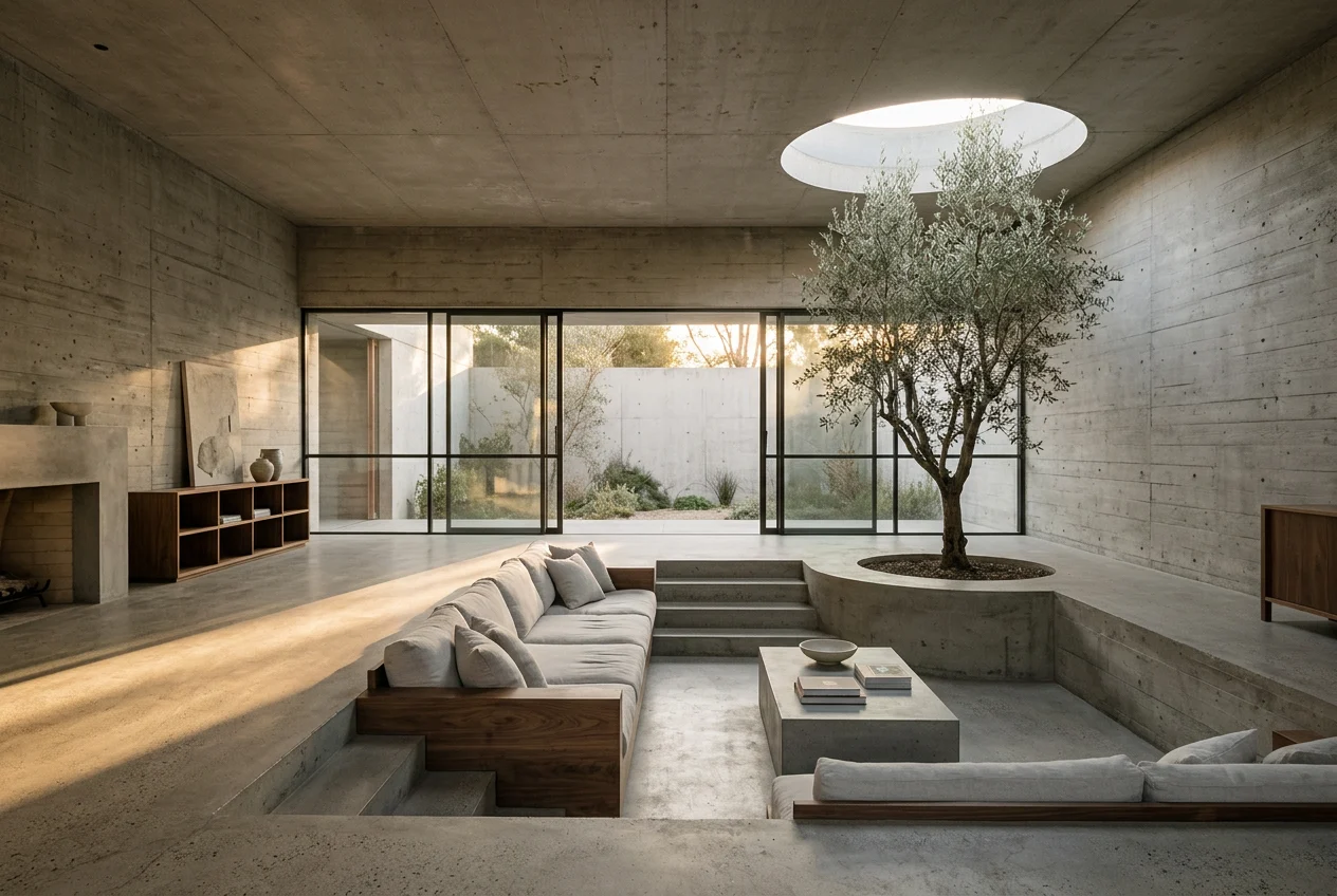 Brutalist concrete living room with a sunken lounge and an olive tree under a skylight, Nano Banana 2.1