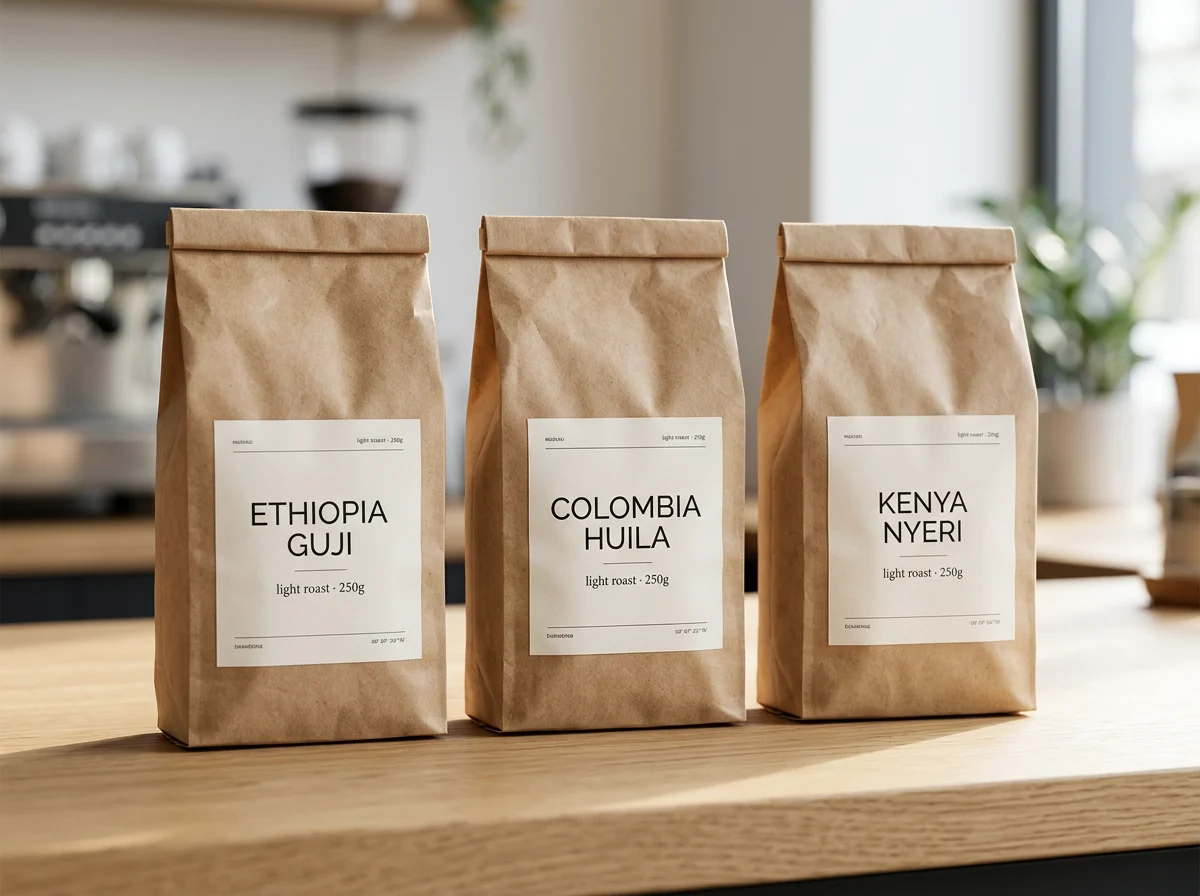Three kraft coffee bags with legible labels reading Ethiopia Guji, Colombia Huila and Kenya Nyeri, Nano Banana 2.1