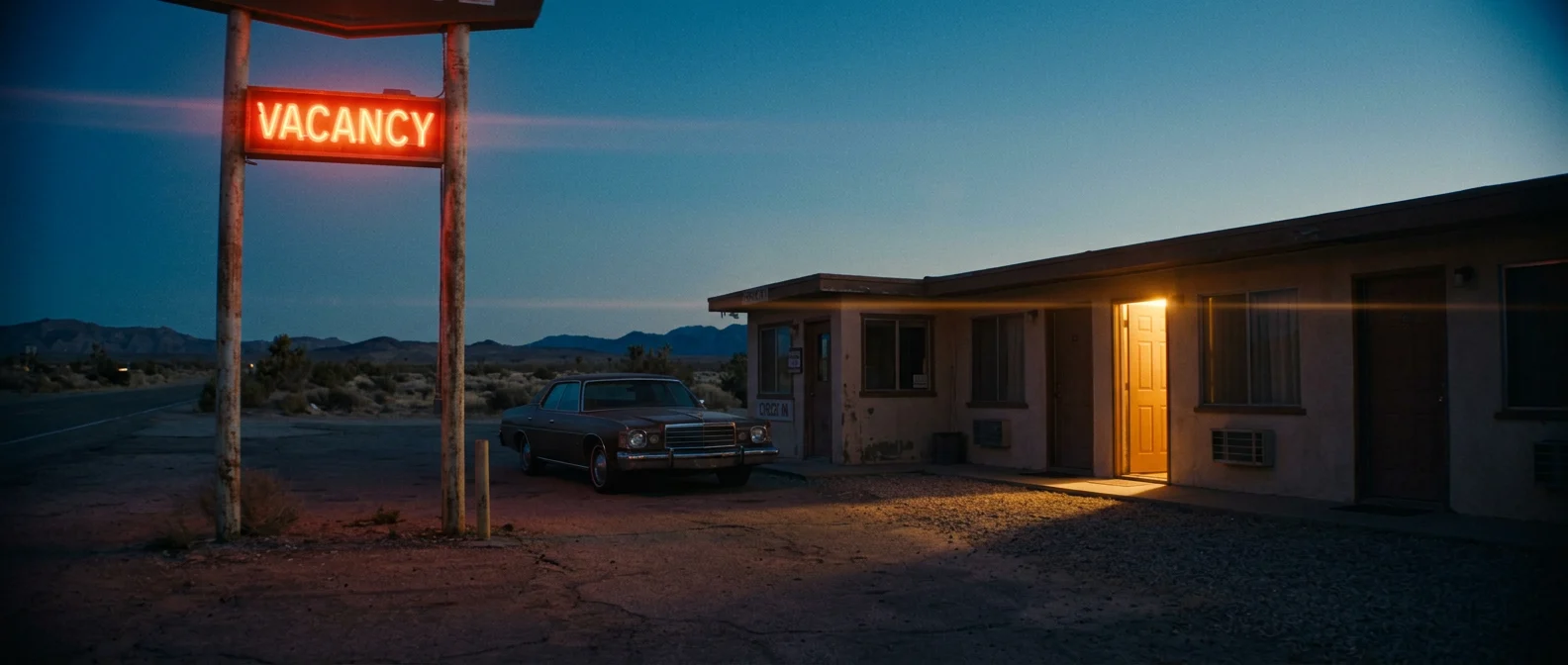Anamorphic 21:9 film still of a desert motel at blue hour with a red VACANCY sign, Nano Banana 2.1