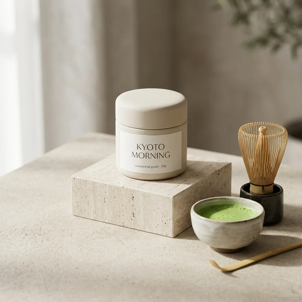 Cream matcha tin labelled Kyoto Morning on a travertine plinth, before the edit