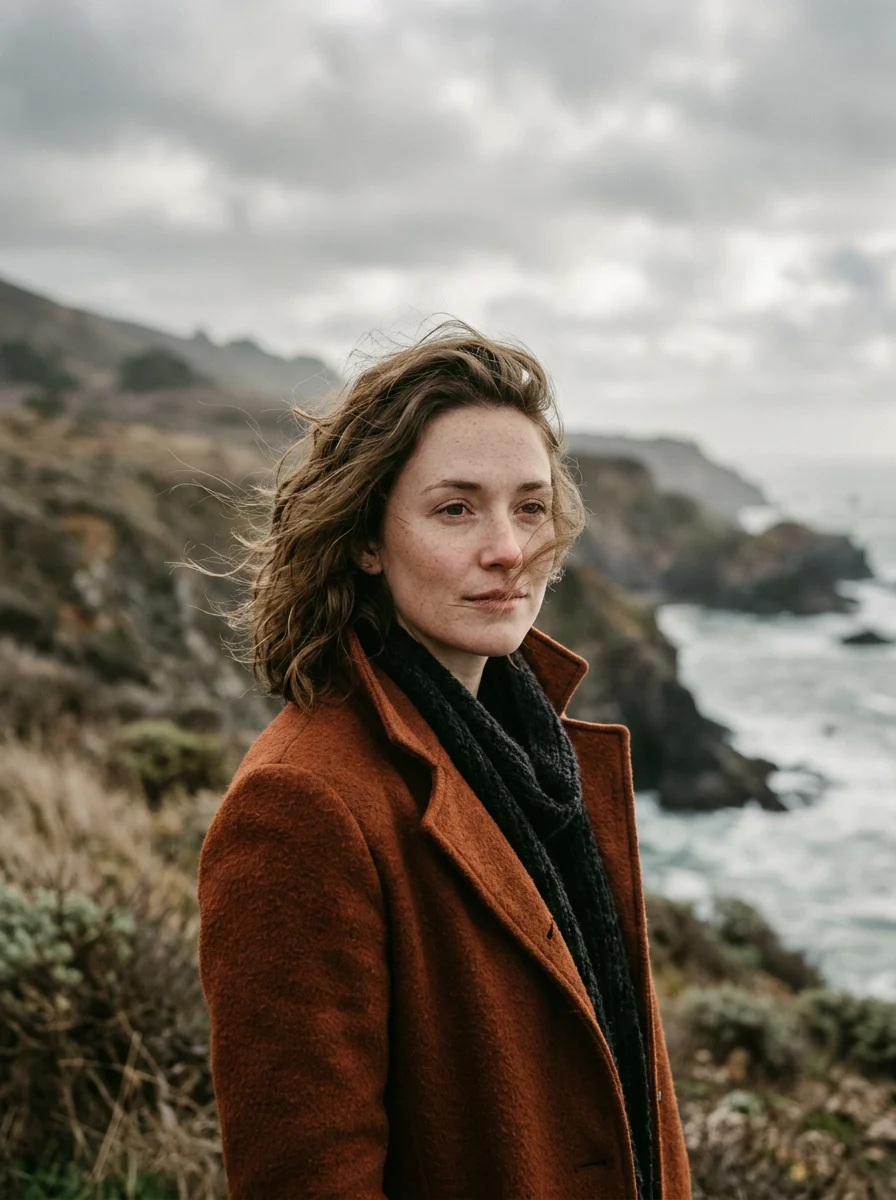 Editorial portrait of a freckled woman in a rust wool coat on a windy coastal cliff, Nano Banana 2.1