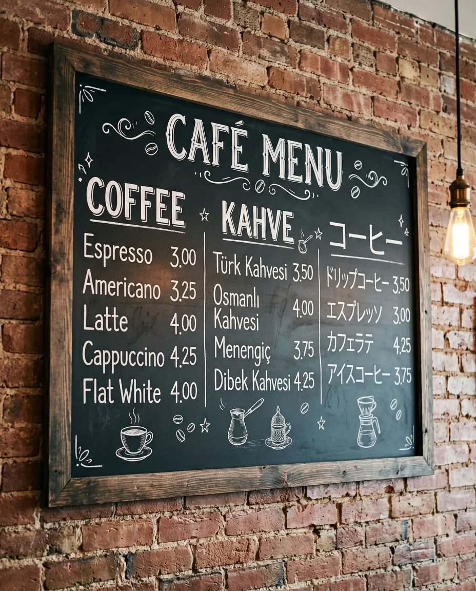 Cafe chalkboard menu lettered in English, Turkish and Japanese with prices, Nano Banana 2.1