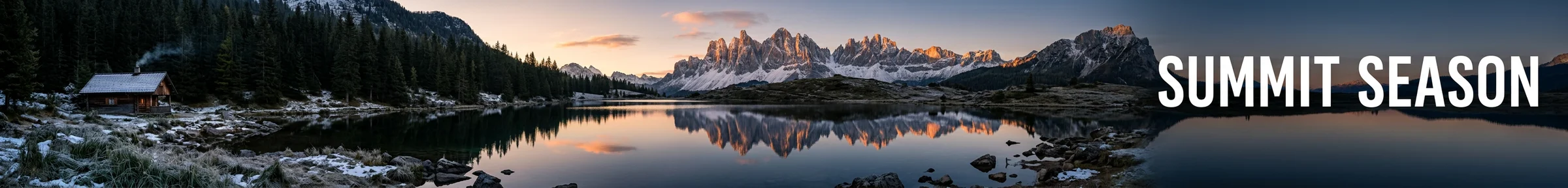 8:1 panoramic banner of an alpine lake at sunrise with the headline Summit Season, Nano Banana 2.1