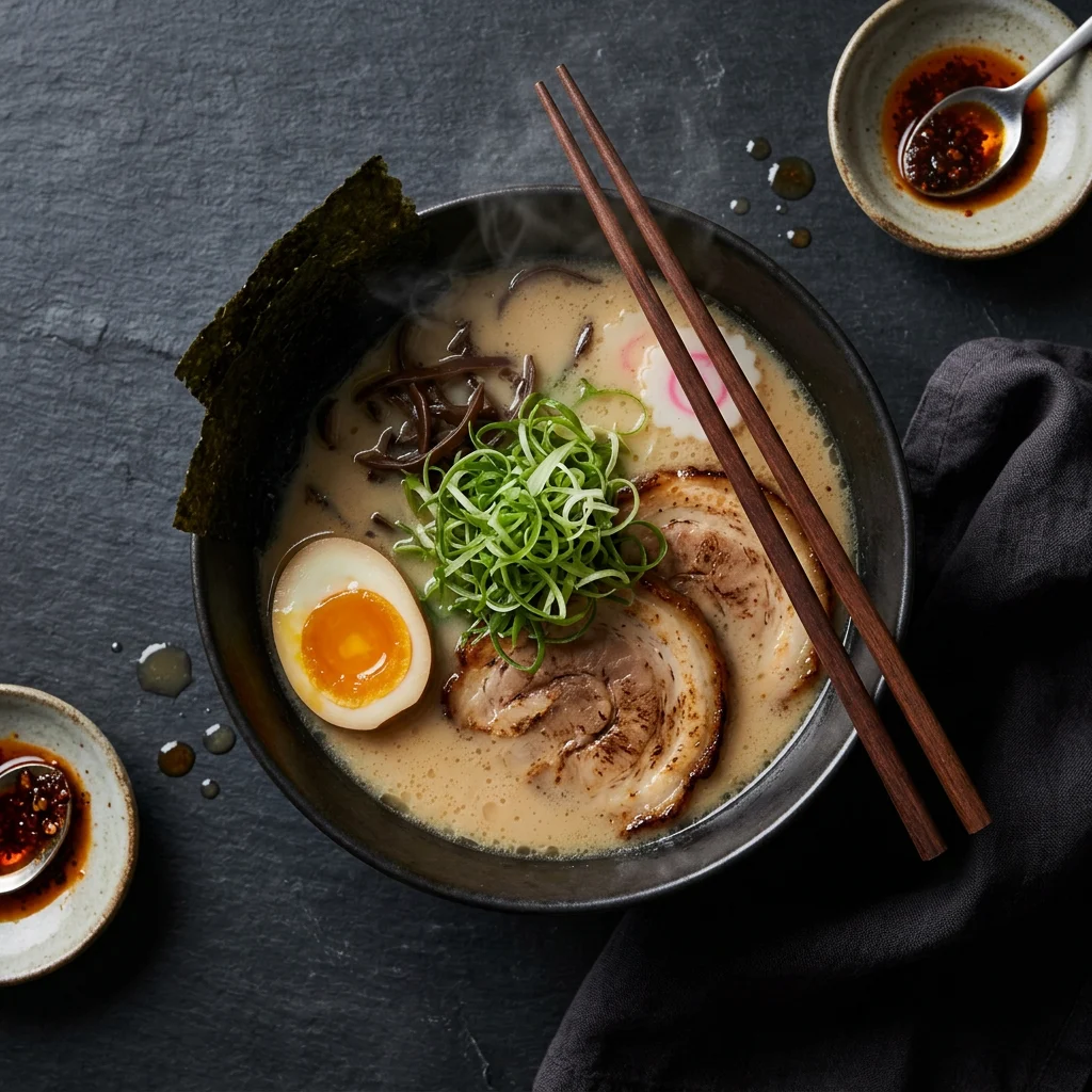 Overhead photograph of tonkotsu ramen with chashu and a jammy egg on dark slate, Nano Banana 2.1