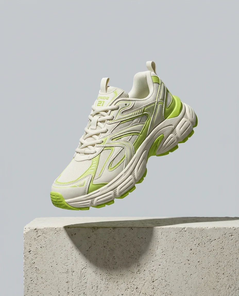 Off-white and lime running sneaker floating above a concrete block, studio product shot, Nano Banana 2.1