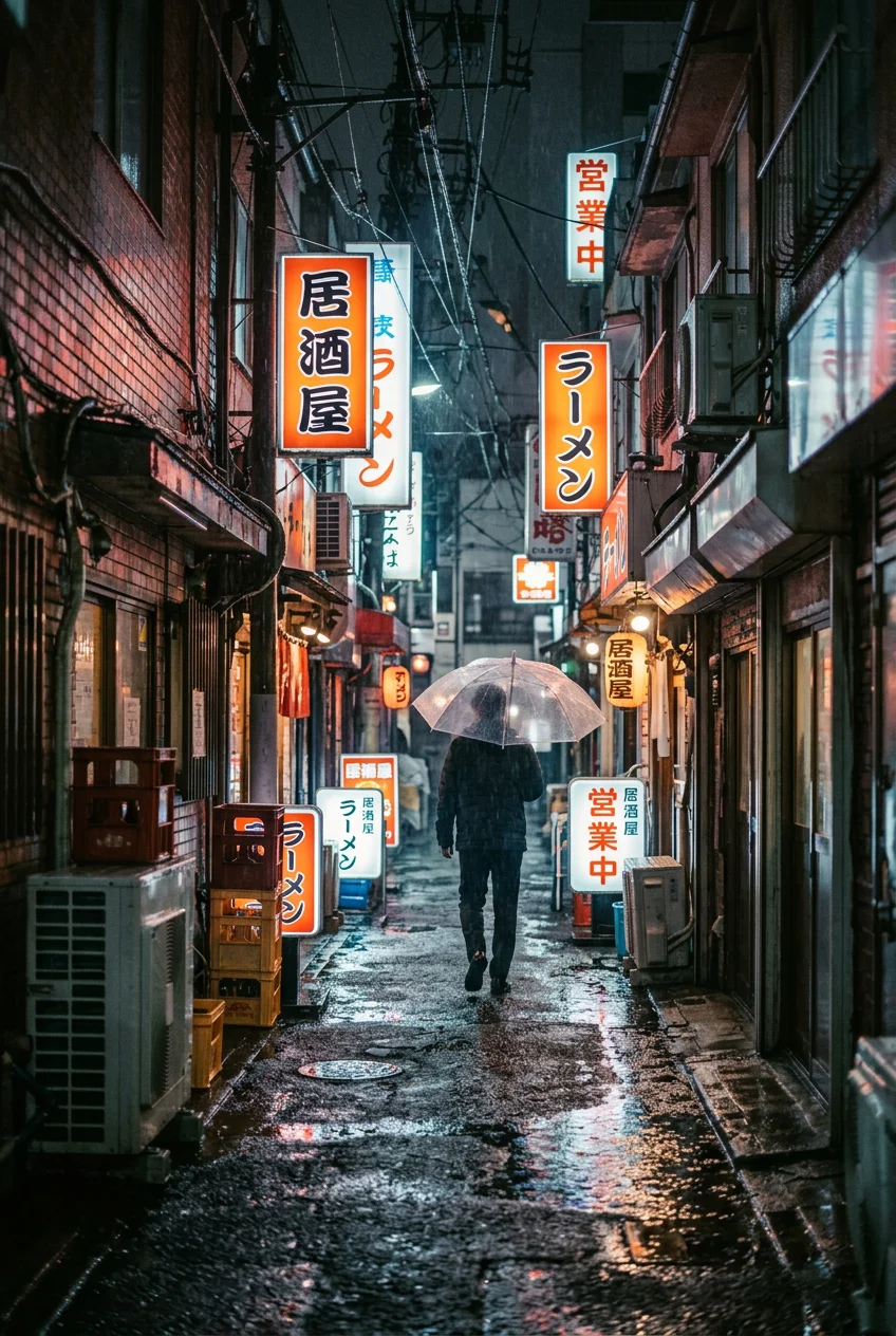 Rain-soaked Tokyo alley with Japanese neon signs and a figure under a clear umbrella, Nano Banana 2.1