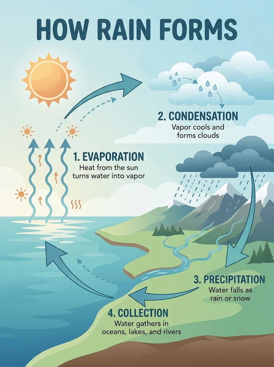 Educational infographic titled How Rain Forms with four labelled stages, Nano Banana 2.1