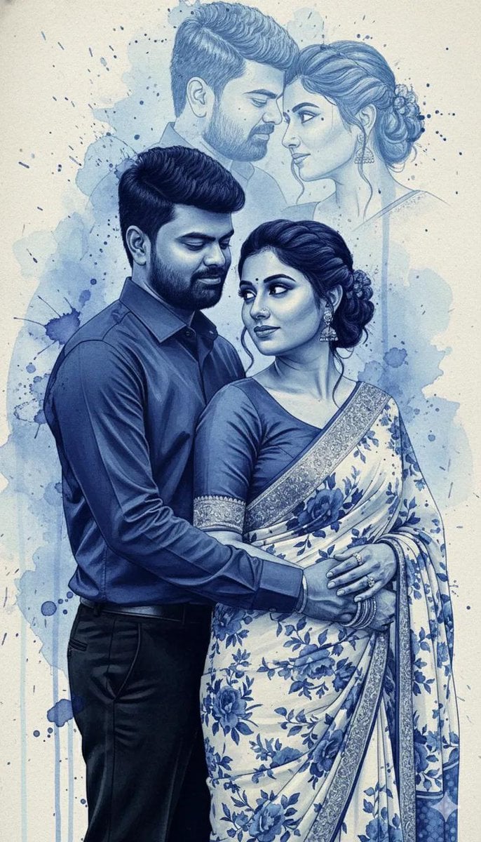 Example image 2 for Blue Ink Spill Romantic Couple Portrait Prompt