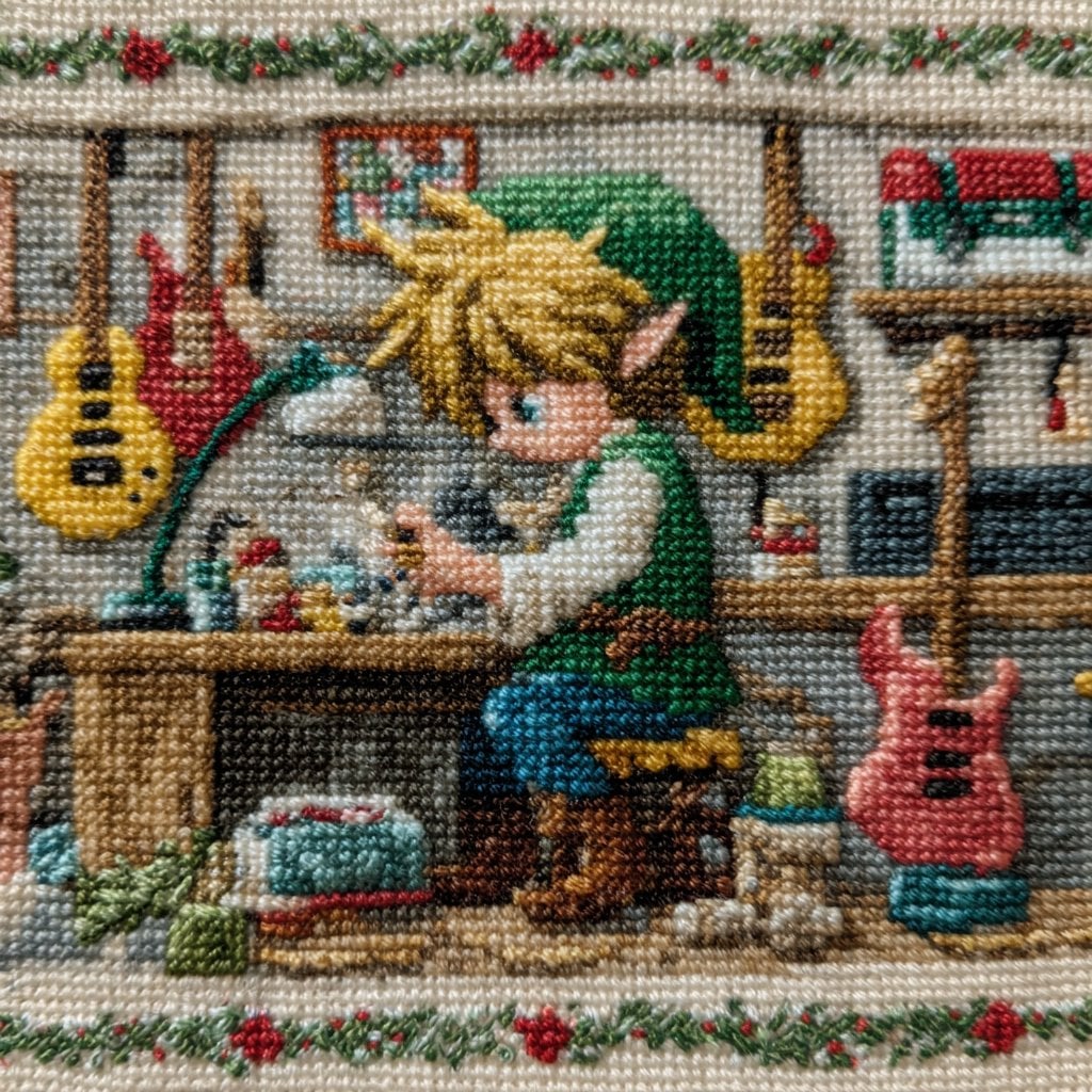 Example image 2 for Christmas Elf Guitar Shop Cross Stitch Prompt