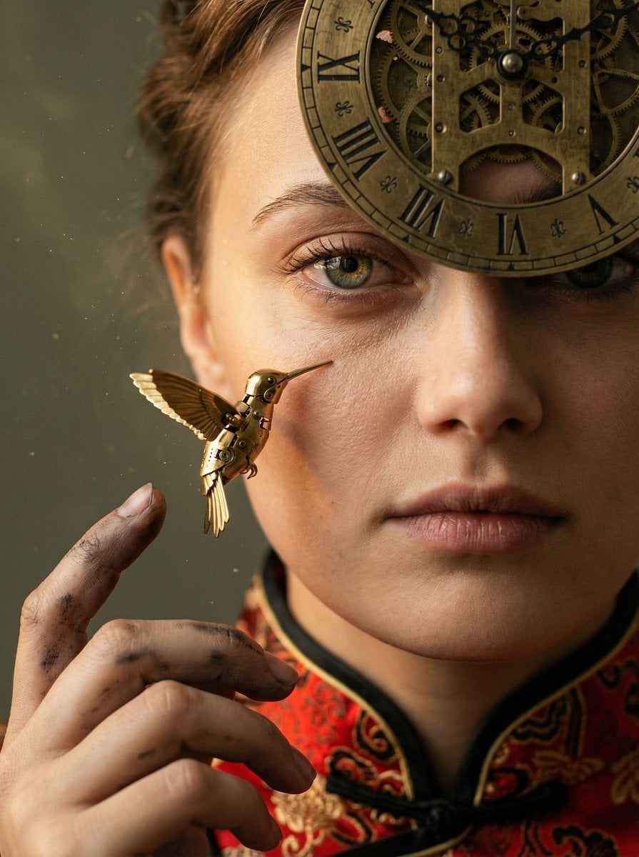 Example image 2 for Clockwork Visor Macro Portrait With Brass Bird Prompt