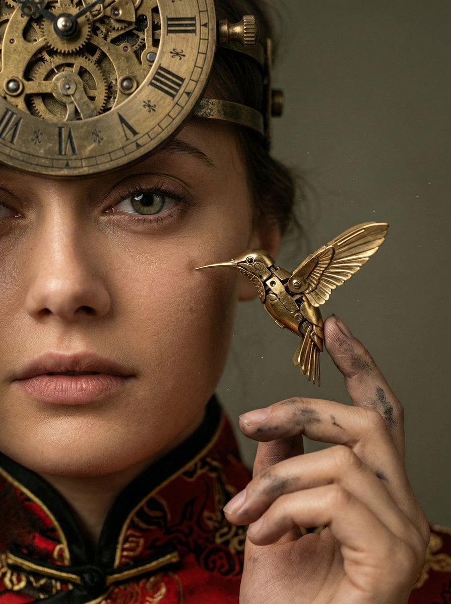 Example image 3 for Clockwork Visor Macro Portrait With Brass Bird Prompt