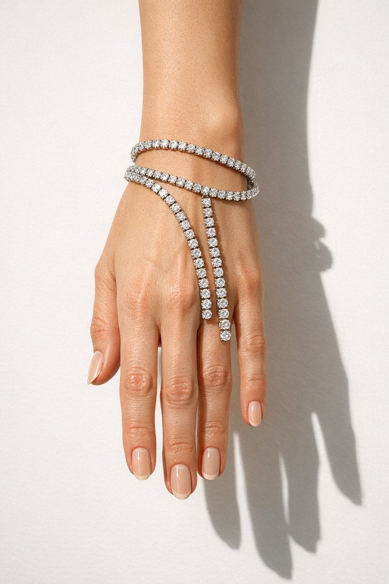 Example image 2 for Diamond Tennis Bracelets on Hand Jewelry Shot Prompt