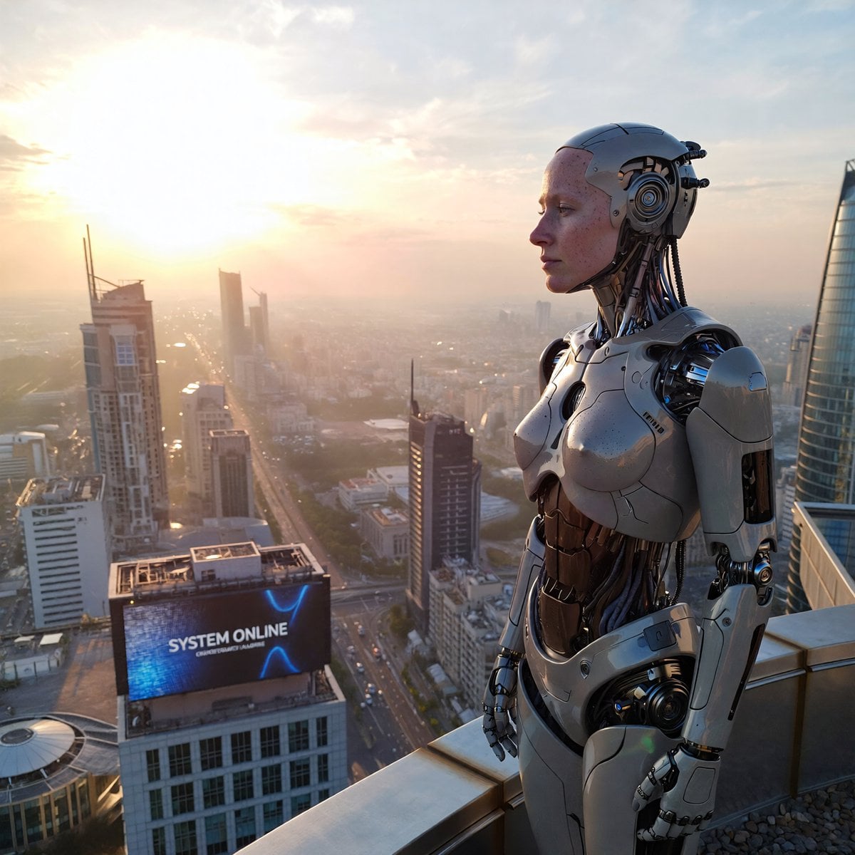 Example image 2 for Humanoid Robot on a City Rooftop at Dawn Prompt