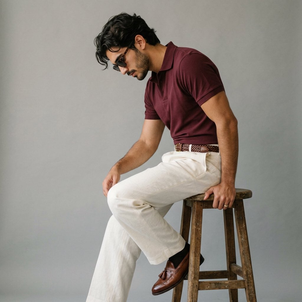 Example image 2 for Menswear Profile Shot With Polo and Wide Trousers Prompt
