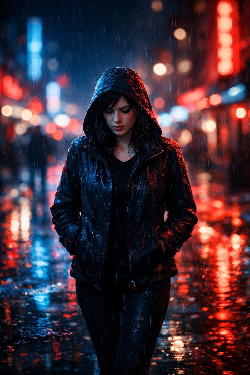 Example image 2 for Neon Rainy Street Night Walk Portrait Prompt