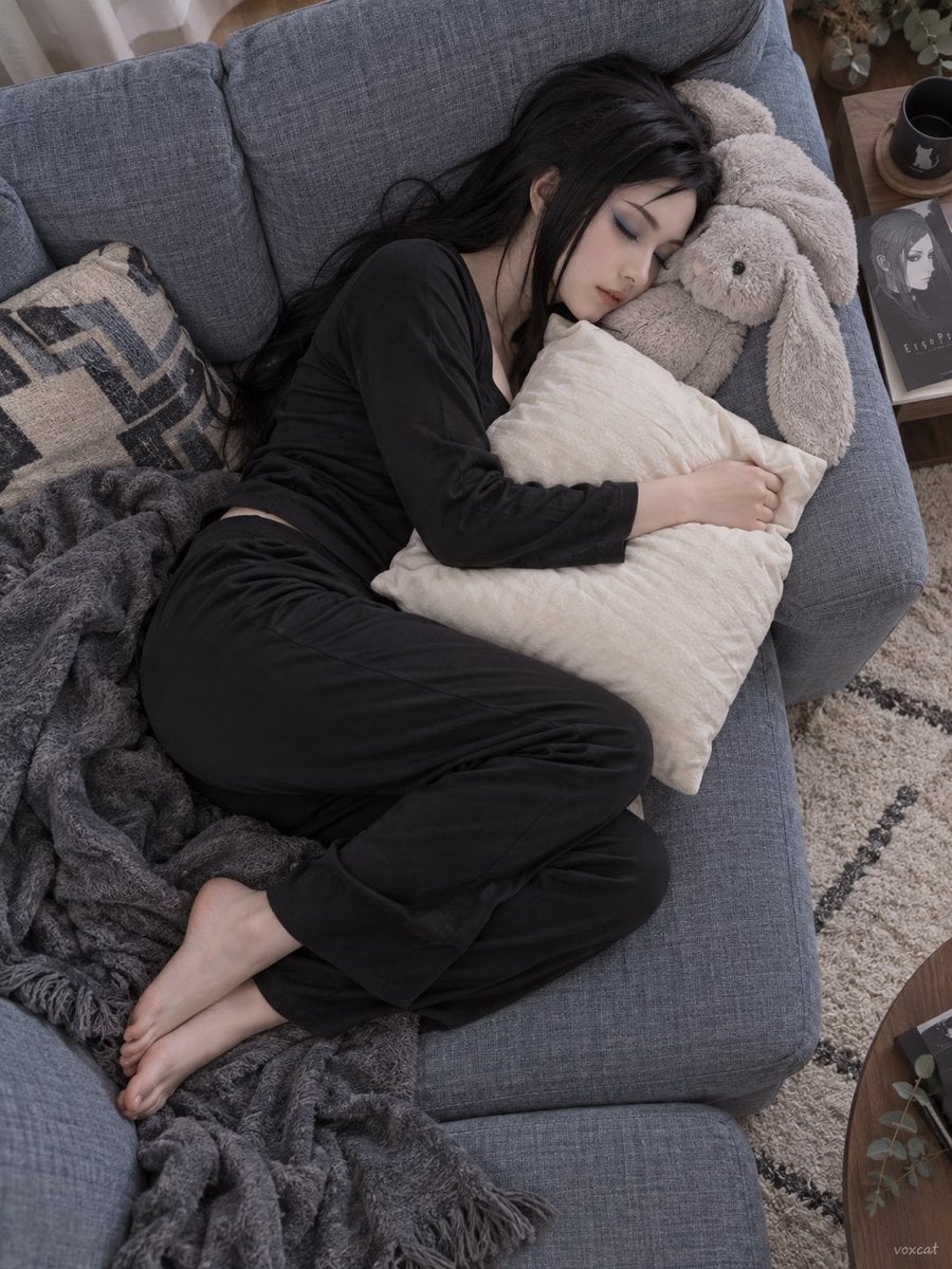 Example image 2 for Overhead Shot of Napping on a Cozy Sofa Prompt