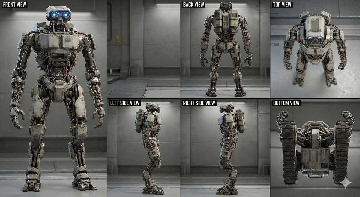 Example image 2 for Robot Character Six View Turnaround Sheet Prompt