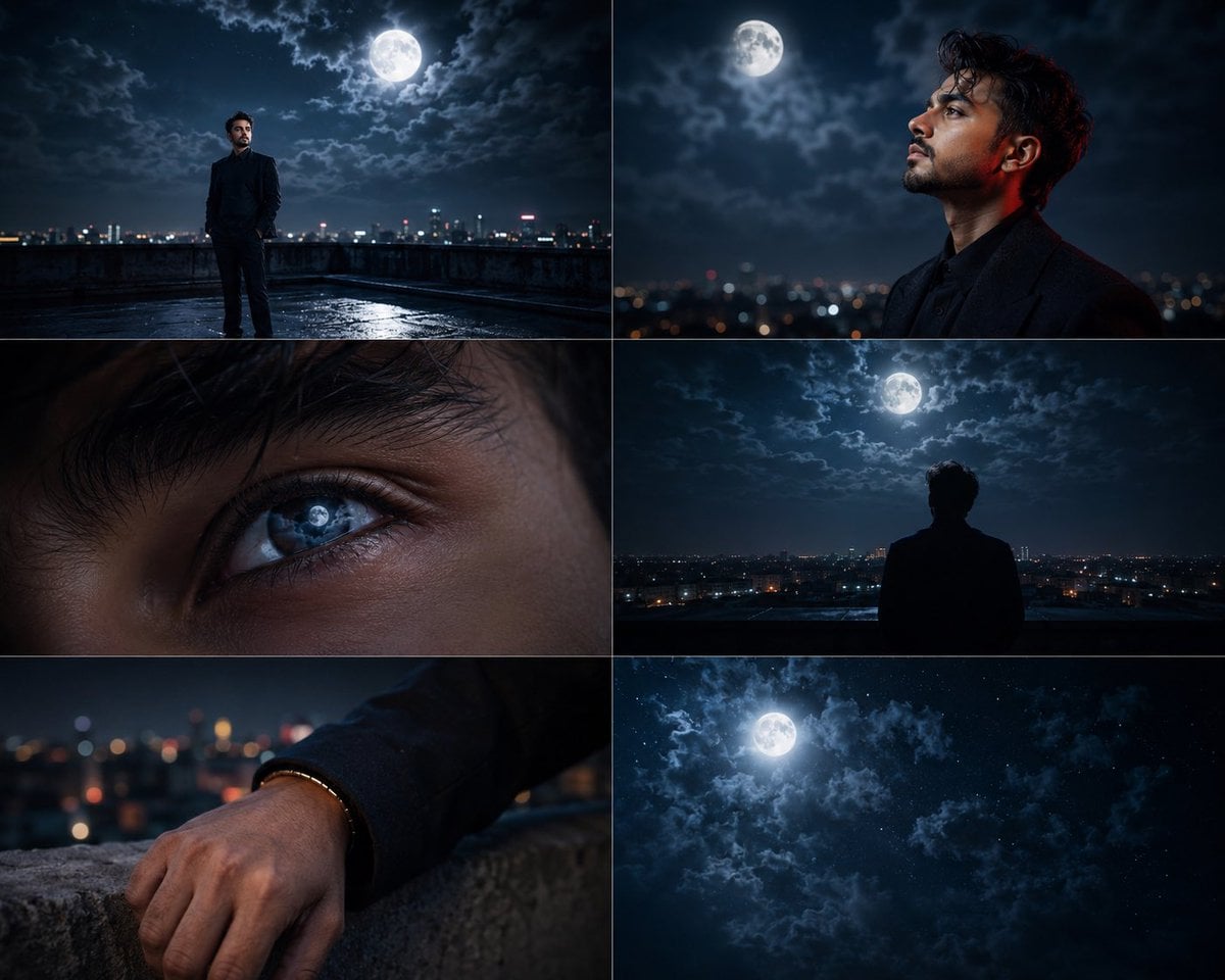 Example image 2 for Rooftop Full Moon Six Frame Cinematic Collage Prompt