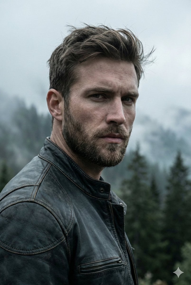 Example image 2 for Rugged Mountain Adventurer Leather Jacket Portrait Prompt