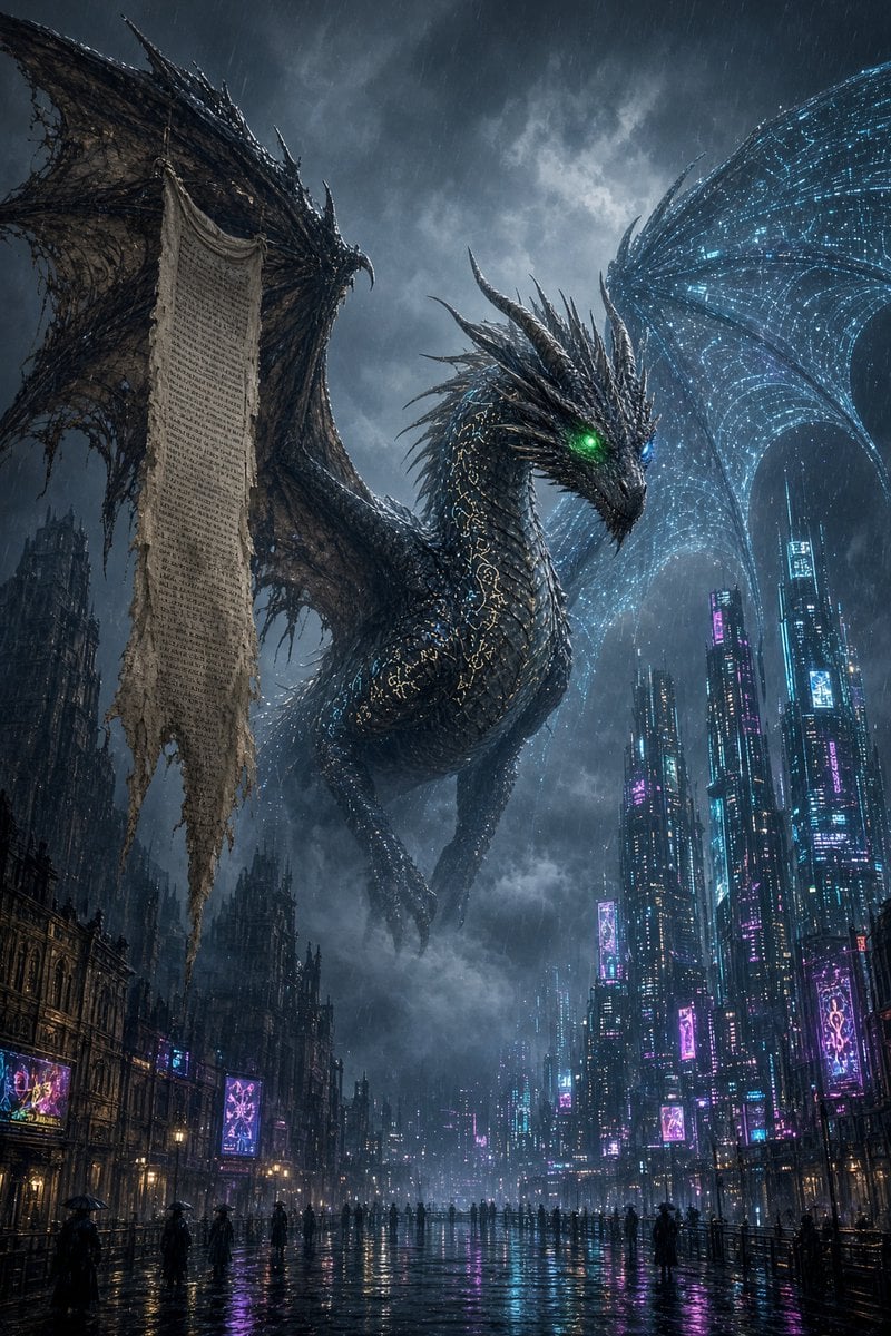 Example image 2 for Time Spanning Dragon Over Neon City Poem Prompt