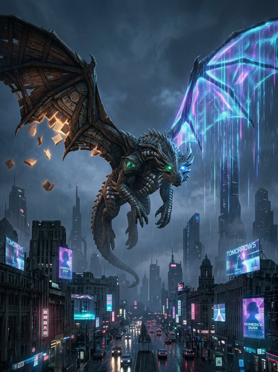 Example image 3 for Time Spanning Dragon Over Neon City Poem Prompt