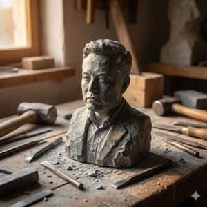 Example image 1 for Stone-carved statue on a sculptor's workbench prompt