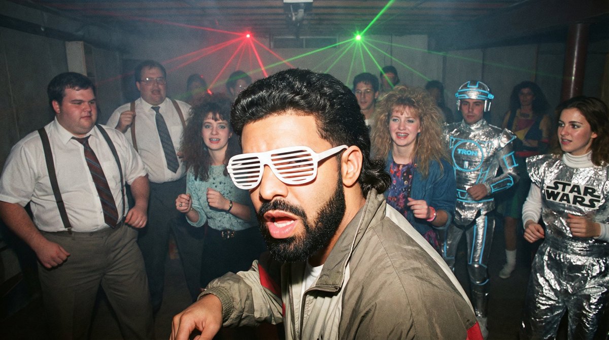 Example image 1 for 1980s underground nerd techno party flash photo prompt