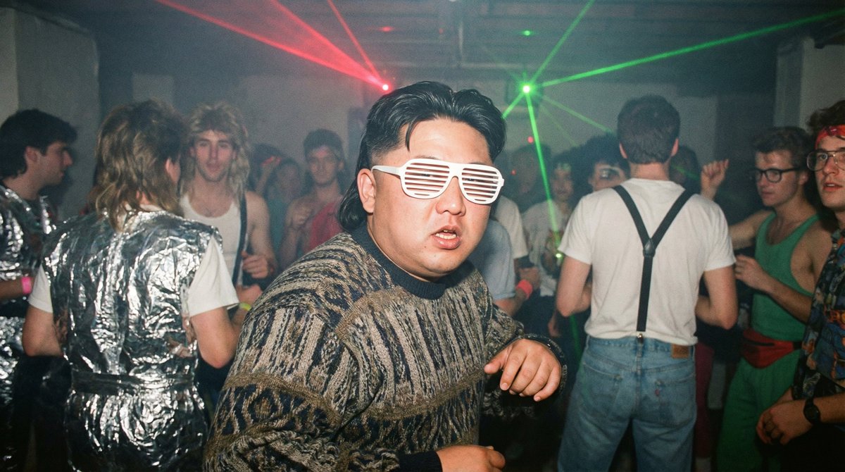 Example image 3 for 1980s underground nerd techno party flash photo prompt
