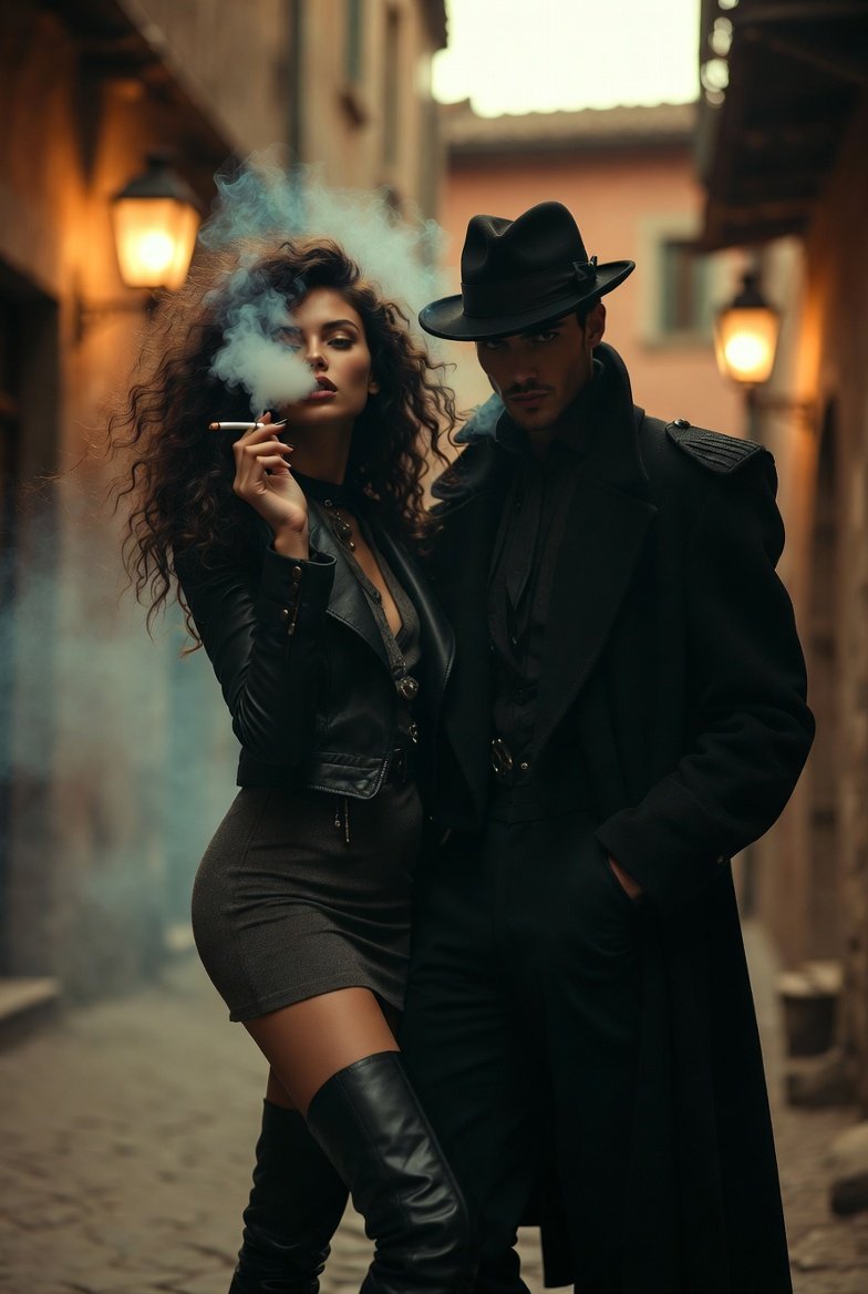 Example image 1 for Create a cinematic vintage-romantic portrait featuring a ...