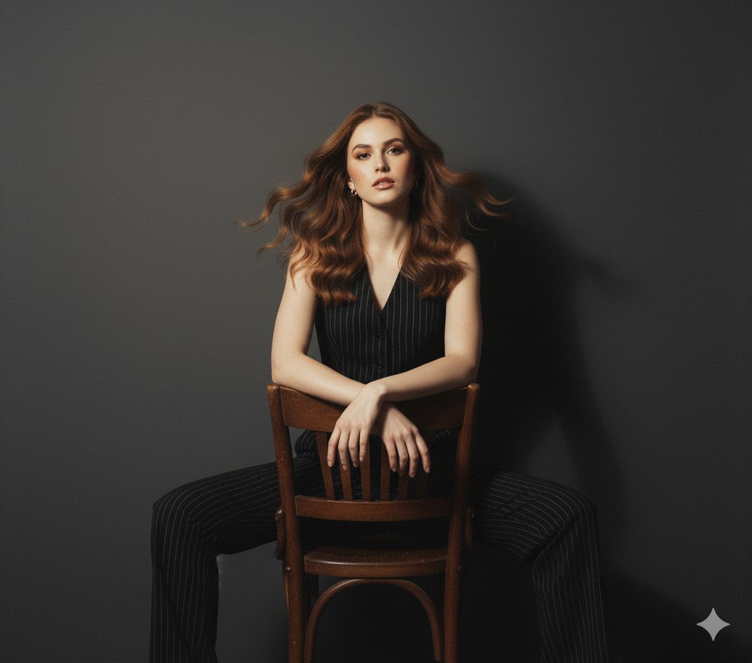 Example image 1 for A stylish young woman standing against a plain solid wall,...