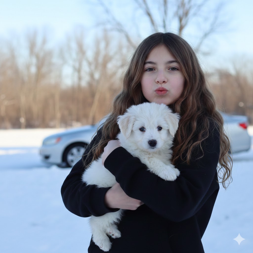Example image 1 for , girl :, puppy :}, environment :, mood : cute, natural,...