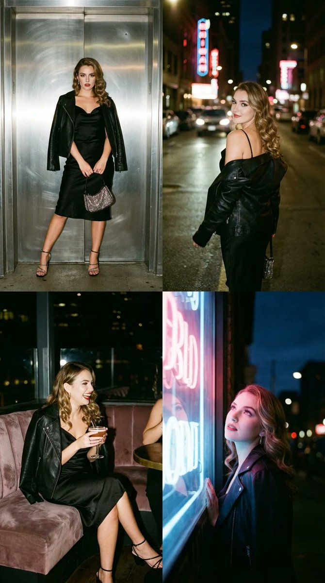 Example image 1 for , attire : black satin slip dress, leather jacket draped...